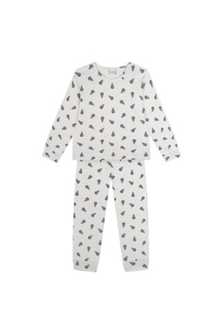 Antebies Organik Gri Yeşil Armut Desenli Beli Lastikli Uzun Kollu Erkek Çocuk Pijama Takımı