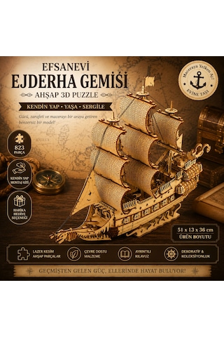 Ejderha Gemisi Ahşap Maket Seti Dıy 3d Puzzle Yelkenli Gemi Koleksiyoner Modeli 823 Parça