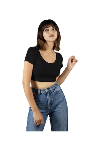 Terapi Men Siyah Havuz Yaka Fitted/vücuda Oturan Kısa Kol Crop Tişört Siyah