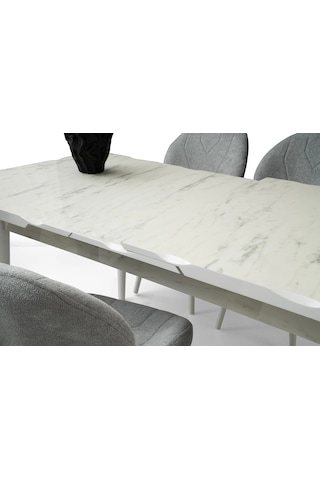 Marmo Kütük Ortadan Açılır Büyüyen Yemek Masası Mermer Desenli 90x160cm Beyaz