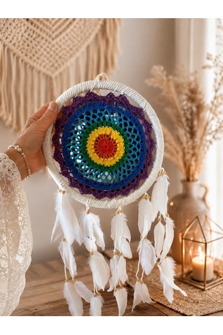 Led Işıklı Dream Catcher Düş Kapanı El Yapımı Bohem Duvar Süsü Renkli Mandala Dekor 22 Cm