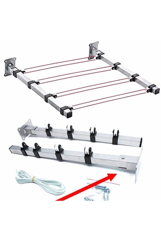 Duvara Monteli Paslanmaz Makaralı Çamaşır Askısı Balkon Katlanır Gümüş