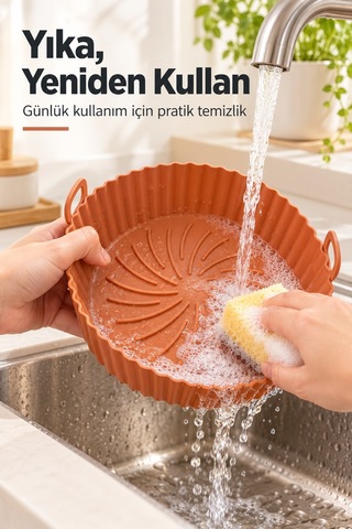 Silikon Airfryer Ve Fırın Pişirme Matı Yuvarlak 20 Cm İki Kulplu Karışık Renk