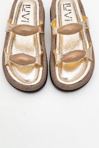 Fınery Altın Taşlı Tokalı Kadın Kalın Tabanlı Terlik Altın