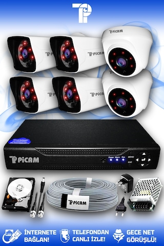 Picam 6 Kameralı Kare 2 İç Kamera Set 500 GB HDD Full HD Gece Görüşlü Güvenlik Kamerası Sistemi