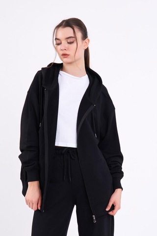 Comeor Siyah Kanguru Cepli Kapüşonlu Fermuarlı Oversize Kadın Sweatshirt 001