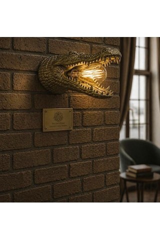 3dlab 3d Lab Özel Tasarım Bronz Renkli Timsah Figürlü Duvar Lambası Vintage Ampullü Dekoratif Aplik