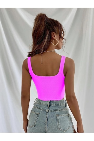 Askılı Fitilli Crop Top Bluz - Fuşya Fuşya Pembe