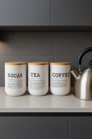 3'lü Vakumlu Bambu Kapaklı Beyaz Tea Coffee Sugar Kavanoz Seti 900 Ml - Çay,şeker,kahve Kavanozu Şeffaf
