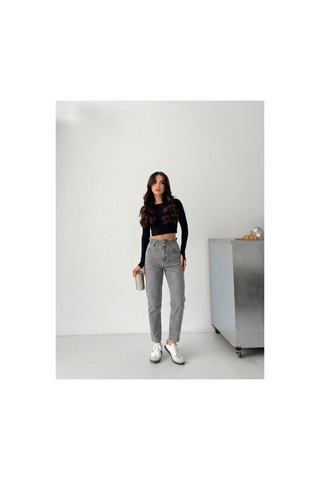 Kene Jeans Gri Kemer Büzgülü Çift Düğme Mom Kot Pantolon Gri