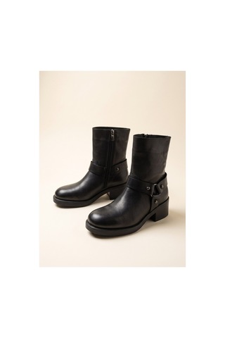 Bafaş Ayakkabı B57006 Hakiki Deri Kadın Çift Fermuarlı Tokalı Bilek Botu Siyah