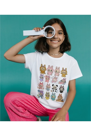 Labubu Tişört Labubu Çocuk T-shirt Labubu Yetişkin Unisex Tişört Beyaz