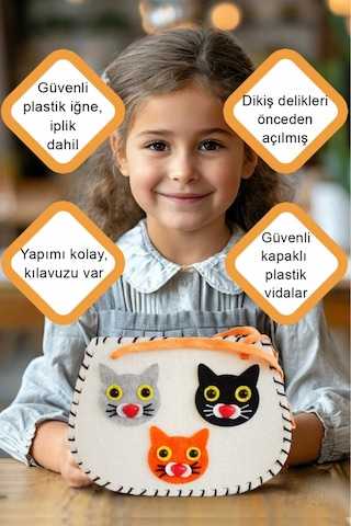 Keçe Dikiş Seti , Kedili Keçe Çanta, Kendin Yap Çocuk Çantası