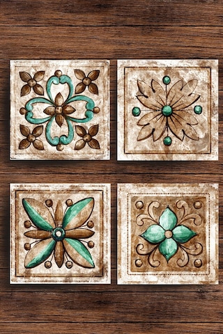 Baskılı Doğaltaş Bardak Altlığı 4'lü Set - Hint Desenli Doğal Taş Bardak Altı Çok Renkli