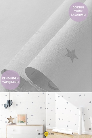 Trendpoint Kendinden Yapışkanlı 60cm 500cm Beyaz Yıldızlı Duvar Kağıdı Dolap Çocuk Odası Kaplama