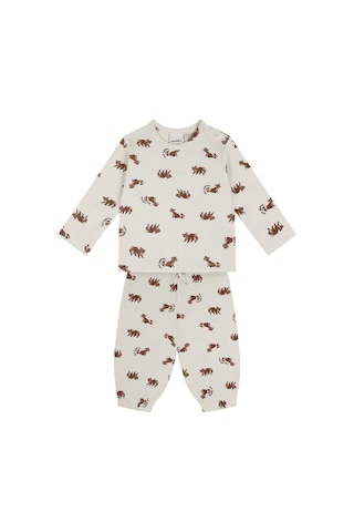 Antebies Organik Bej Rakun Desenli Beli Lastikli Bağcıklı Uzun Kollu Erkek Bebek Tshirt Eşofman Takımı Kahve