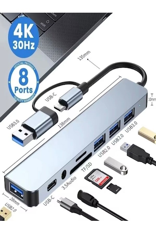 8in2 Alüminyum 4xusb 1xtype-c 3.5mm Jak Tf/sd Usb Hub Çoklayıcı T