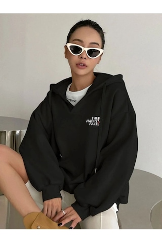 Altamira Unisex Happy Baskılı Oversize Kapüşonlu Sweatshirt 001