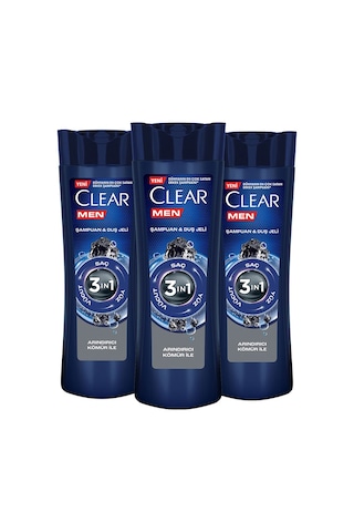 Clear Men Arındırıcı Kömür 3'ü 1 Arada Şampuan ve Duş Jeli 3 x 350 ML