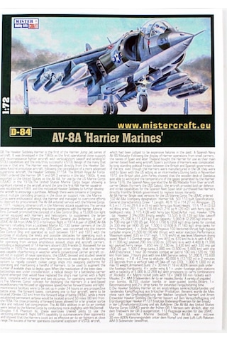 Mistercraft D084 1/72 Av-8a Harrier Marines Savaş Uçağı Plastik Model Kiti-56307
