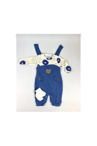 Uğur Bebe Ayı Desenli Erkek Bebek Tulum 3 Lü Tulum Seti Zıbın Tulum Çorap 3-6-9 Ay Bebek Kiyafeti Mavi Mavi
