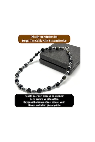 Yıldız Doğal Taş Obsidyen Taşı Küp Kesim Doğal Taş Çelik Kilit Sistemi 8 Mm Kolye Siyah