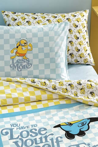 Puffy Minions Gingham %100 Pamuk Tek Kişilik Nevresim Takımı - Sarı