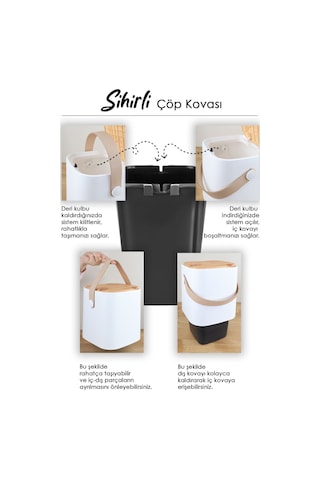 Ahşap Görünümlü Çöp Kovası - Akıllı Kapak Tutma Saplı Kovalı Tezgah Üstü Mutfak Çöp Kovası 4lt Beyaz