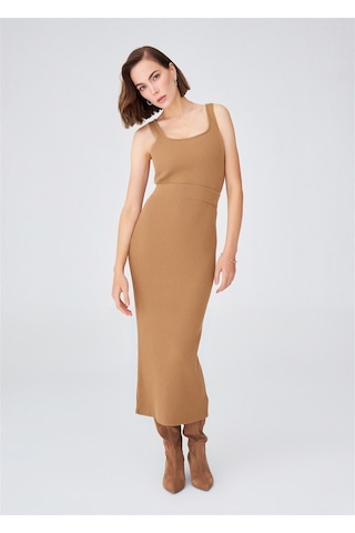 Peraluna Örgülü Kaşmir Karışımlı Kalem Kadın Triko Etek Camel