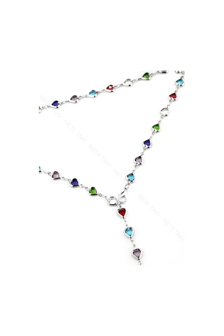 Y Kolye, Taşlı, Çok Renkli, Kalpli, Kolye 433, Kasa Gümüş Renk Gümüş