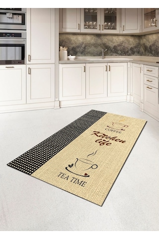 Kitchen Life Yazılı Kaymaz, Dökülmez Deri Taban Mutfak Halısı