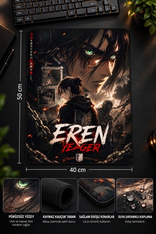 50x40 Cm Aot Eren Yeager Desenli Gaming Oyuncu Mouse Pad Kaymaz Taban Büyük Fare Altlığı