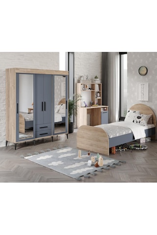 Afilli Izmir Cocuk Odası Takımı 4 Parça Tamamı Mdf Antrasit Flora Renk