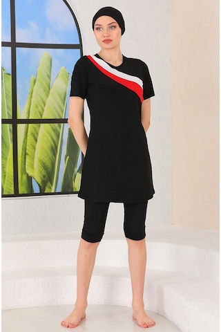 Aslınur Tesettür Mayo Likralı Çabuk Kuruyan Kısakol Beyaz-Kırmızı Siyah