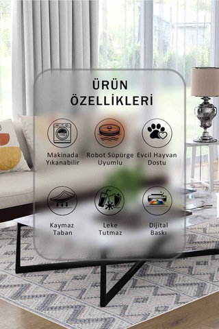 Yıkanabilir Kaymaz Taban Dijital Baskılı Halı Ve Yolluk Leke Tutmaz Salon & Mutfak Halısı - 1092 Krem