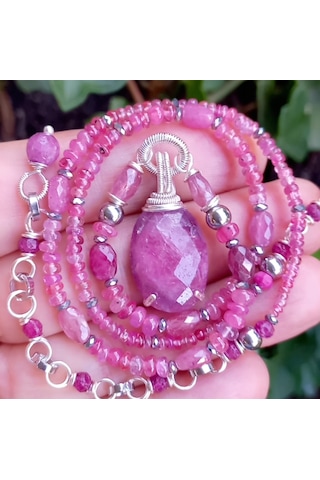 2846 Yakut Spinel Hematit El Yapımı Çelik Aparatlı Kolye 046 - Pembe