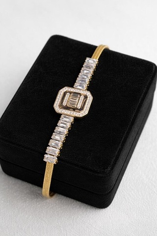 Çelik Kare Zirkon Gold Bileklik Gümüş + Altın