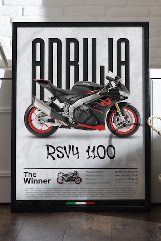 Aprilia Rs V4 1100 Siyah Ahşap Çerçeveli Poster, Dekoratif Motosiklet Duvar Tablosu Çok Renkli