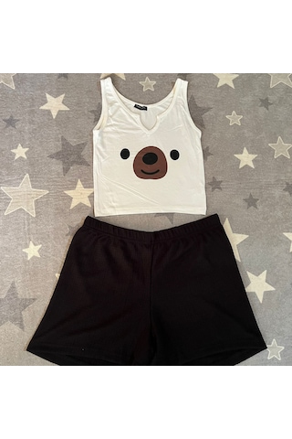 River Island River İsland Ayıcık Desenli Ekstra Dar Kalıp Kadın Pijama Takımı Beyaz - Siyah