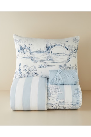 English Home Striped Jouy Pamuk Tek Kişilik Nevresim Takımı 160x220 Cm Mavi