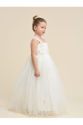 Zekids Kız Çocuk Çiçekli Askılı Uzun Abiye Elbise-13860 Krem