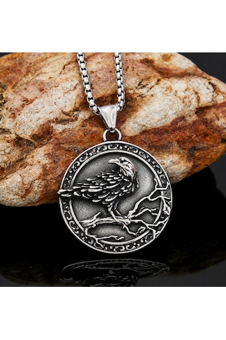 Paslanmaz Çelik Çift Taraflı Tasarım Vegvisir Rune Viking Kuzgun Kolye