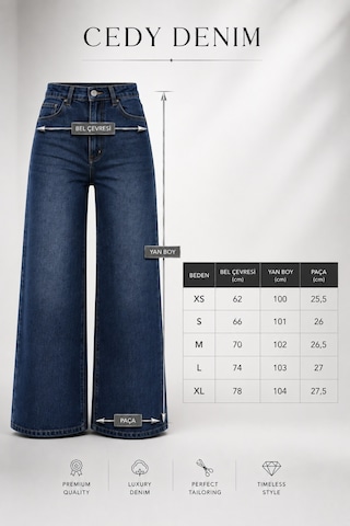 Cedy Denim Cedy Denım Premium Kadın Palazzo Jean Geniş Paça Salaş Mavi Kot Pantolon E7020