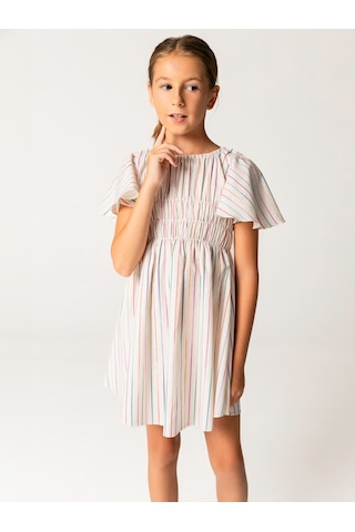 Sheshe Yarım Kollu Çizgili Pamuklu Kız Çocuk Elbise Renkli