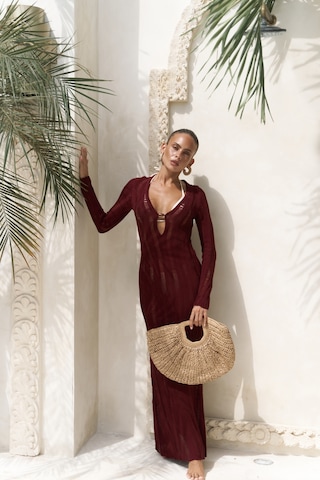 Anandra Boncuk Detay Bordo Triko Uzun Elbise Bordo