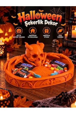 Halloween Cadılar Bayramı Dekoratif Boynuzlu Kuru Kafa Şekerlik Tepsi Masa Üstü Dekor