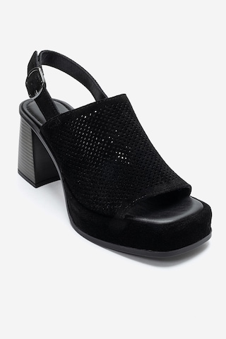 Luvi Shoes Penvıa Siyah Süet Hakiki Deri Kadın Kalın Topuklu Sandalet