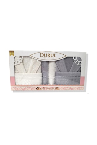Durul Kadife Jakarlı Aile Bornoz Seti / Gri - Krem Durul Kadife Jakarlı Aile Bornoz Seti / Gri - Krem