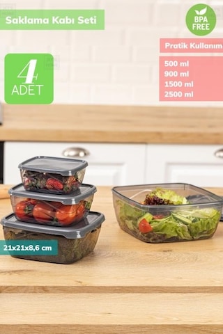 4 Lü Kare Saklama Kabı Seti Erzak Kabı Buzdolabı Kabı Büyük Boy Bpa Free Şeffaf