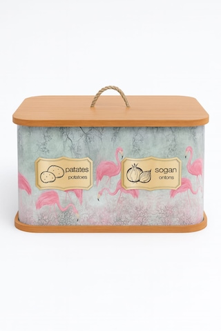 Dekorasyaa 2 Bölmeli Patates Soğanlık - Bambu - Dikdörtgen Flamingo Desen Pembe